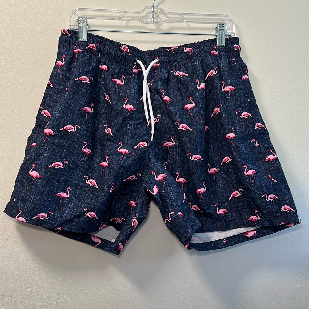 Trunks Surf‎ + Swim Men’s Navy Blue Flamingo Allover Print Swim Shorts Sz XL